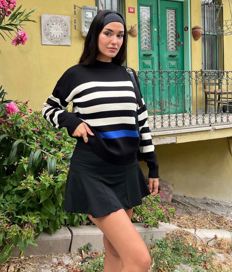 3172-Striped Mockneck Long Sleeve Knit Sweater