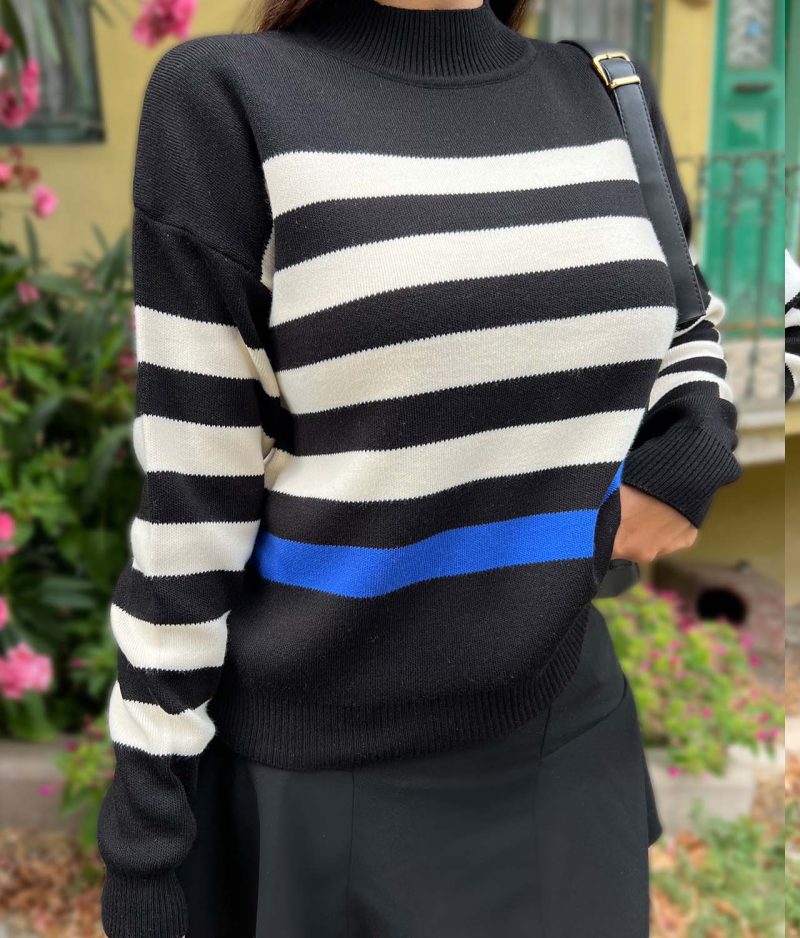 3172-Striped Mockneck Long Sleeve Knit Sweater - Görsel 4