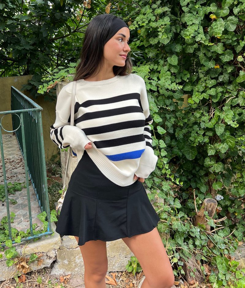 3173-Striped Crewneck Long Sleeve Knit Sweater - Görsel 2
