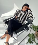 3174-Long Sleeve Striped Crewneck Knit Cardigan