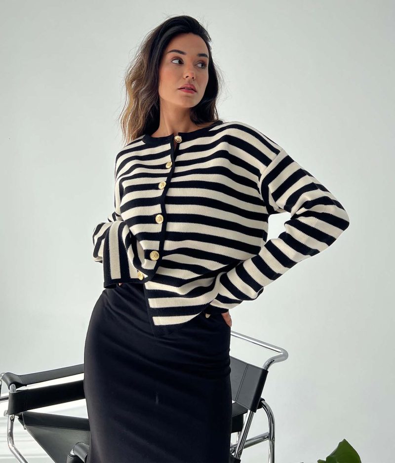 3174-Long Sleeve Striped Crewneck Knit Cardigan - Görsel 2