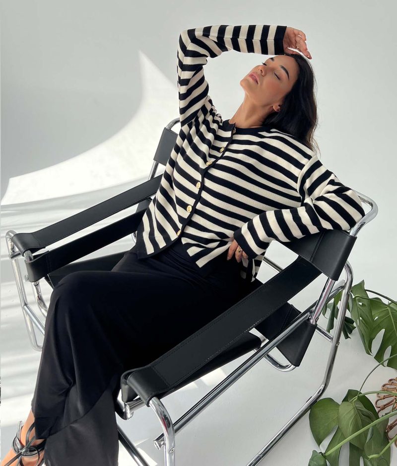 3174-Long Sleeve Striped Crewneck Knit Cardigan - Görsel 3