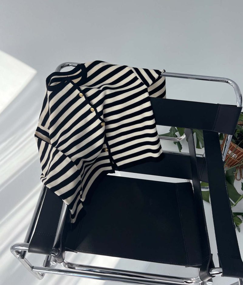 3174-Long Sleeve Striped Crewneck Knit Cardigan - Görsel 4