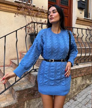 4618-Hair Braided Knit Dress with Belt