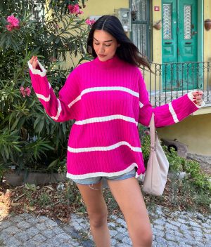 4620-Striped Long Sleeve Mock Neck Knit Sweater