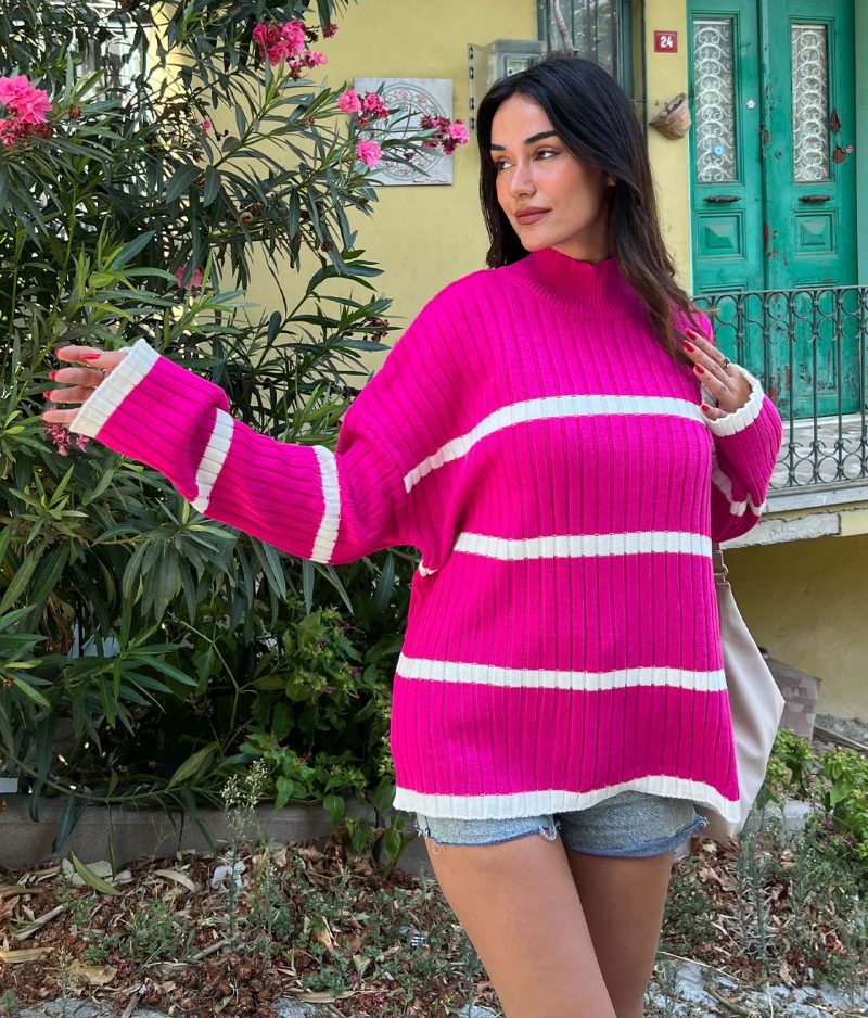4620-Striped Long Sleeve Mock Neck Knit Sweater - Görsel 3