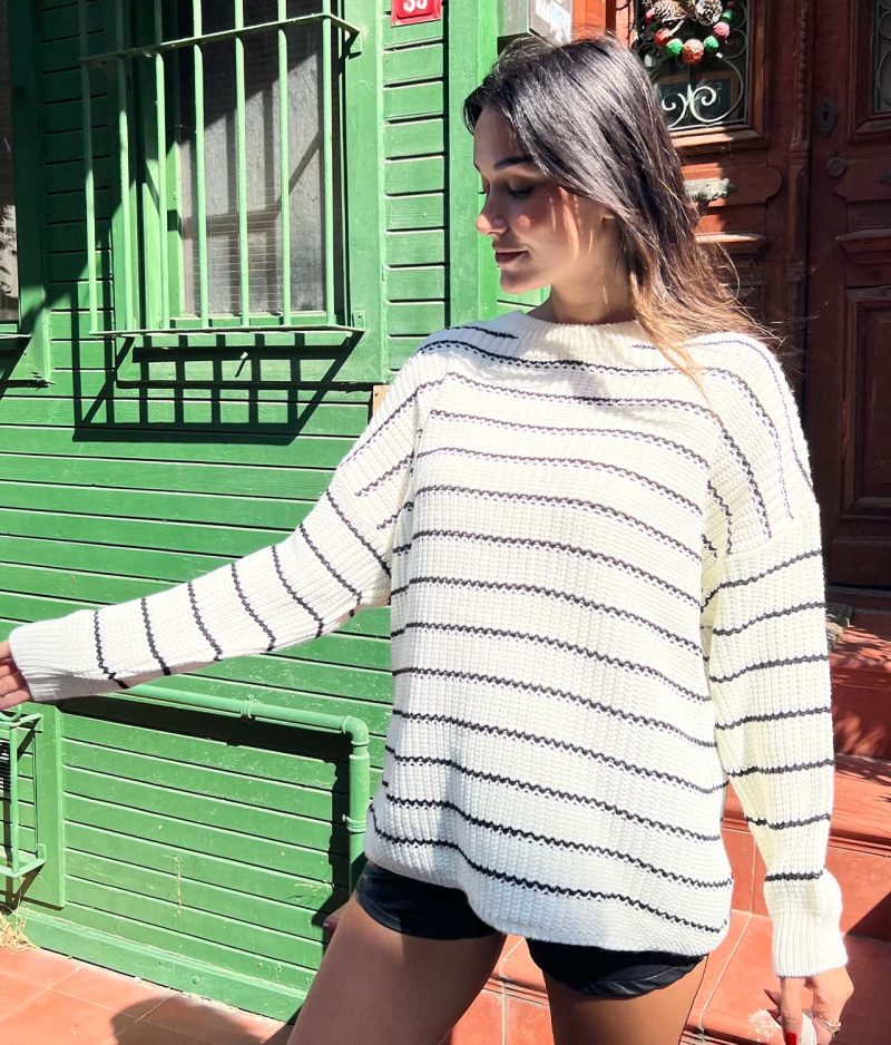 4621-Striped Thessaloniki Crewneck Knit Sweater - Görsel 3