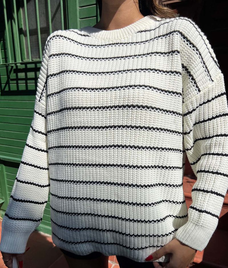 4621-Striped Thessaloniki Crewneck Knit Sweater - Görsel 4