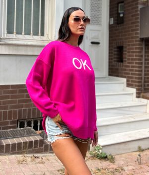 5852-Long Sleeve Crewneck Oversize Text in Detail Knit Tunic