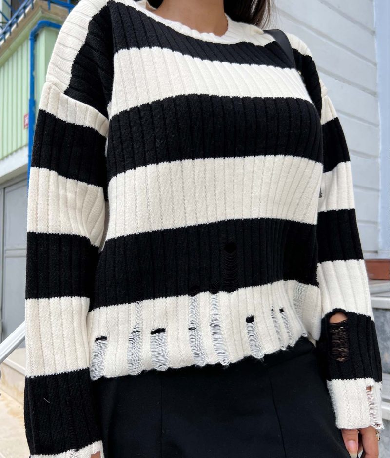 5859-Striped Long Sleeve Crewneck Ripped Detail Knit Sweater - Görsel 4