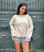 6506-Long Sleeve Crewneck Button Detail Knit Sweater