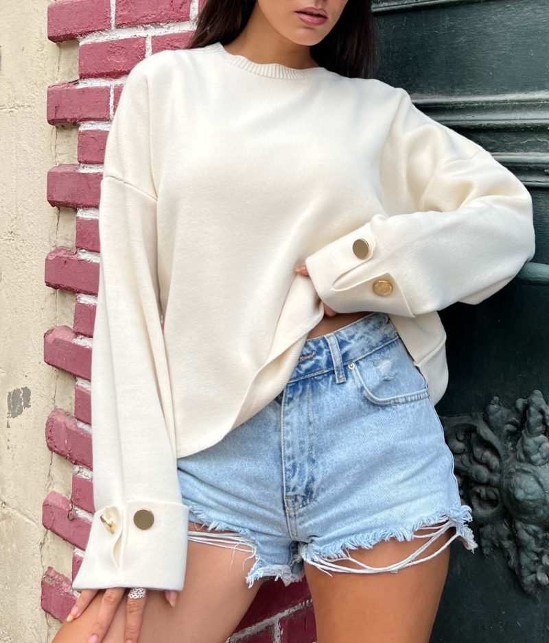 6506-Long Sleeve Crewneck Button Detail Knit Sweater - Görsel 2