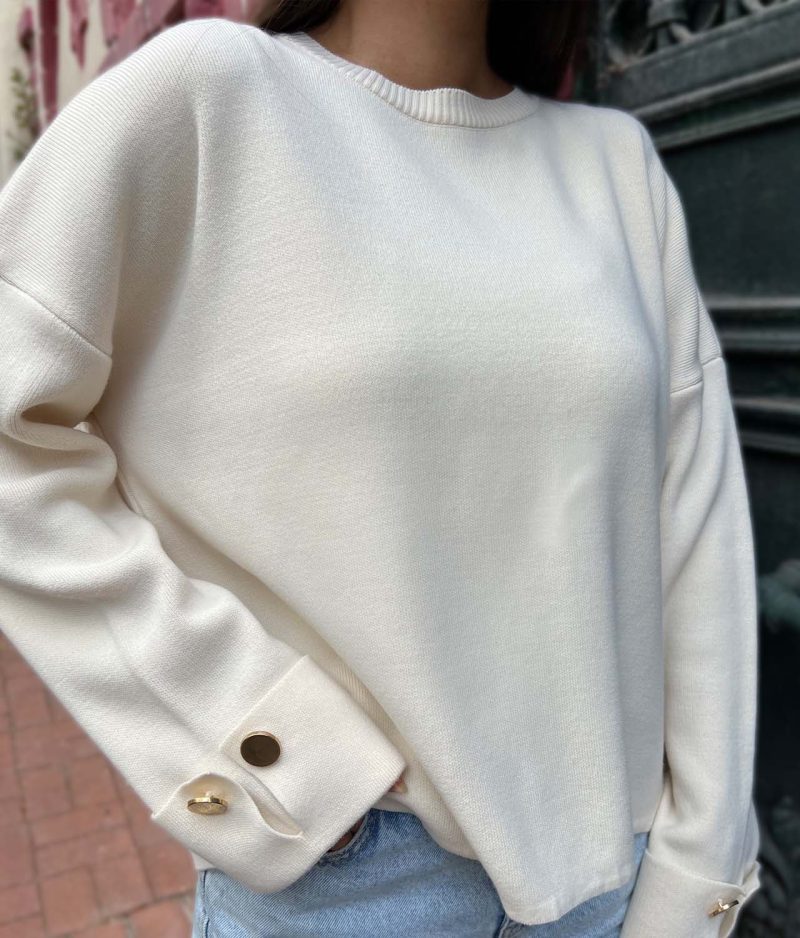 6506-Long Sleeve Crewneck Button Detail Knit Sweater - Görsel 4