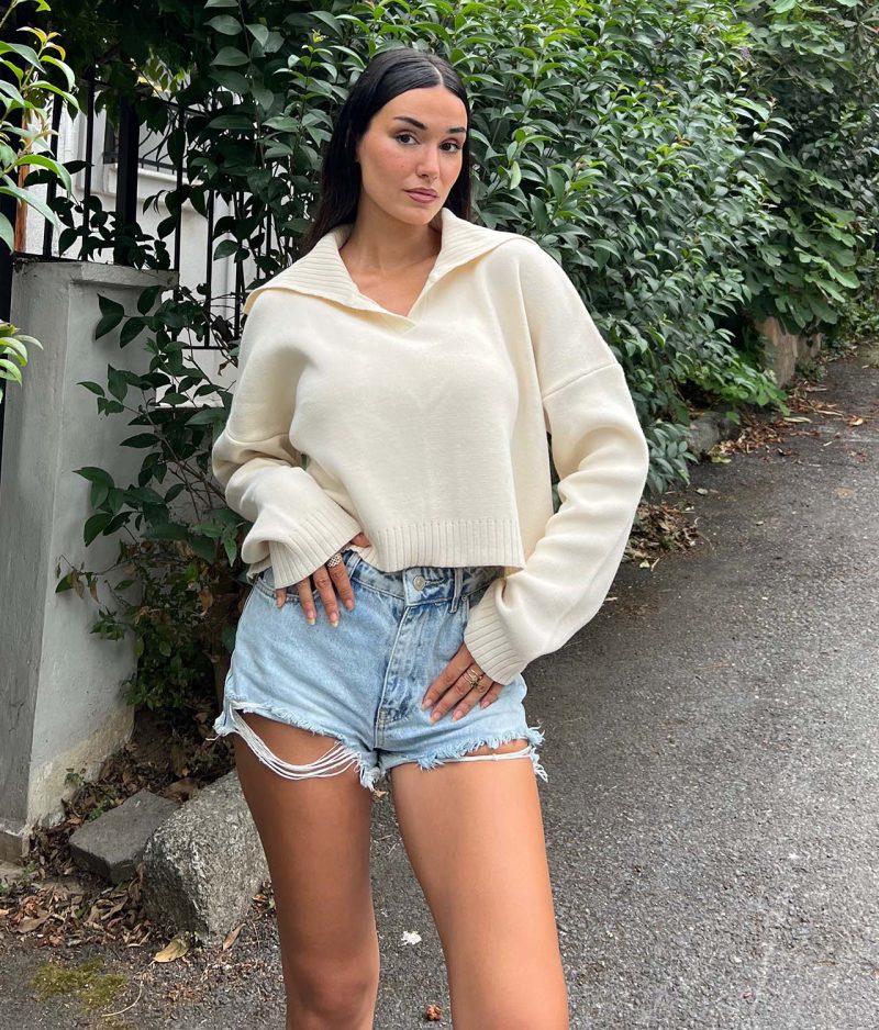 6509-Long Sleeve Polo Neck Knit Sweater - Görsel 2