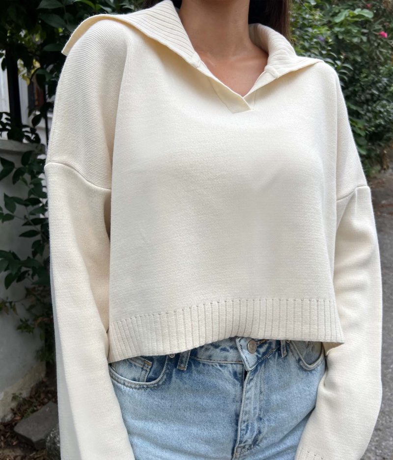 6509-Long Sleeve Polo Neck Knit Sweater - Görsel 4