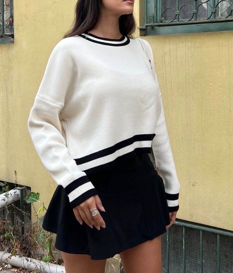 6510-Long Sleeve Crewneck Striped Detail Knit Sweater - Görsel 3
