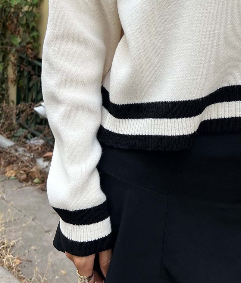 6510-Long Sleeve Crewneck Striped Detail Knit Sweater - Görsel 4
