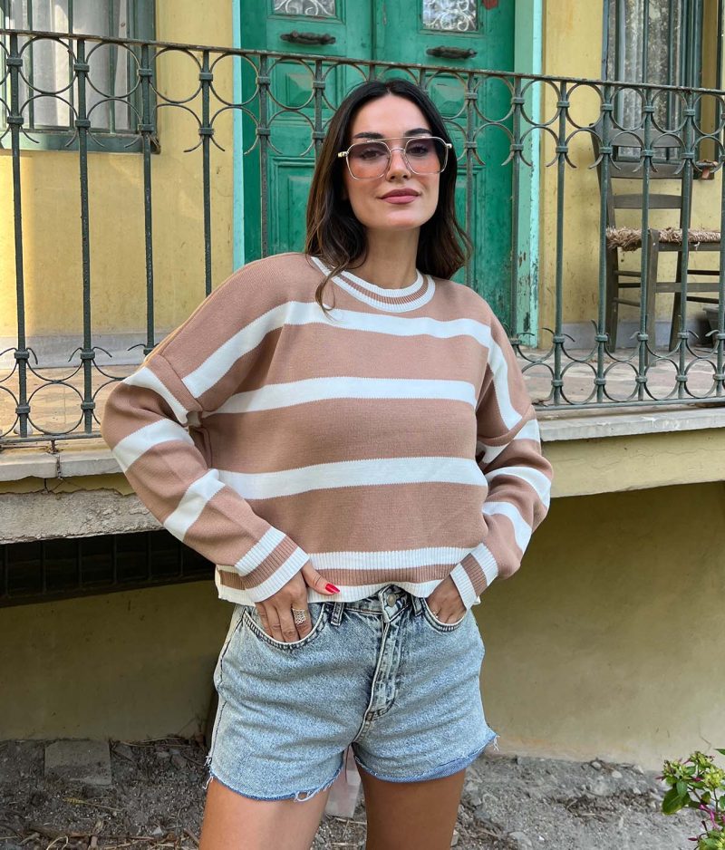 6514-Striped Crewneck Knit Sweater - Görsel 2