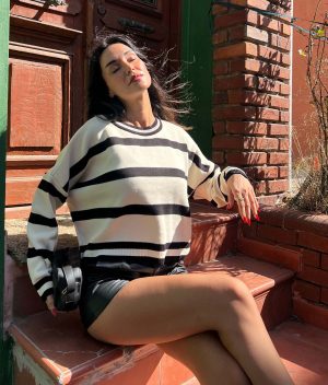 6514-Striped Crewneck Knit Sweater