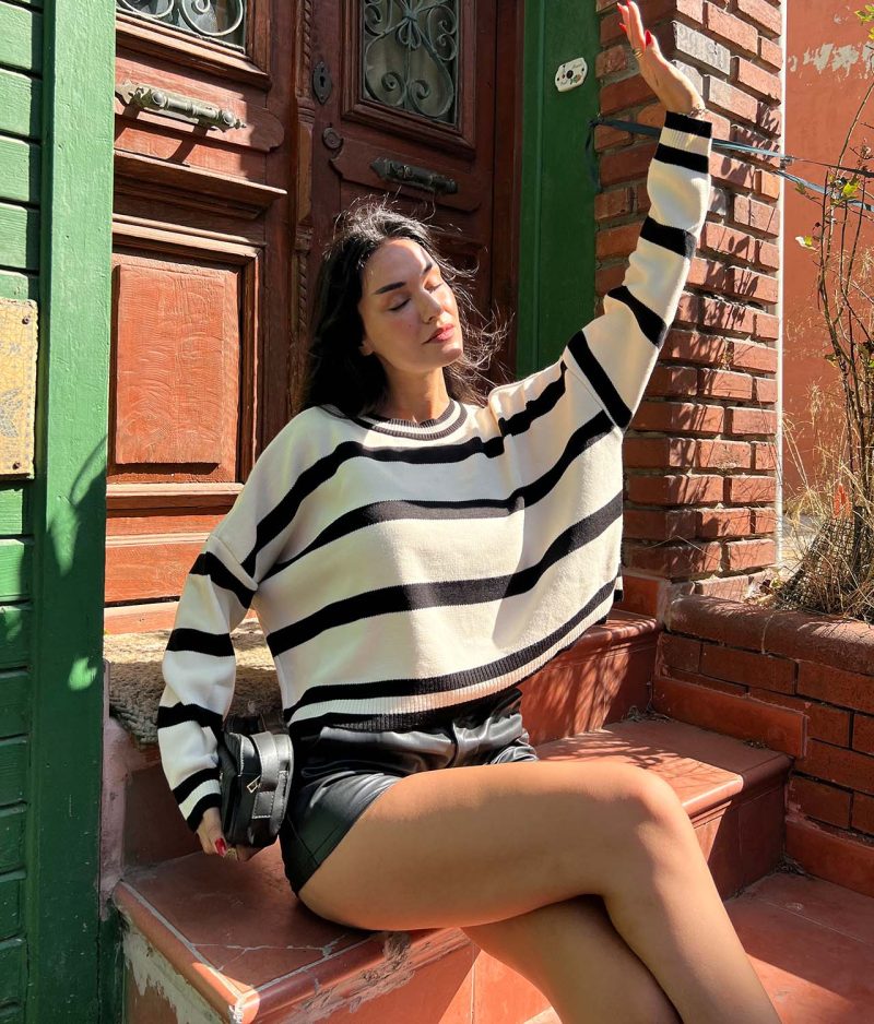 6514-Striped Crewneck Knit Sweater - Görsel 3