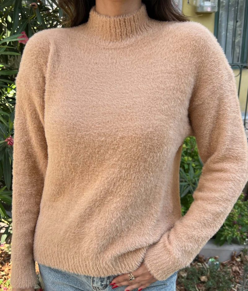 7001-Long Sleeve Turtleneck Fuzzy Knit Sweater - Görsel 6