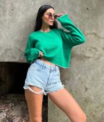 6515-Long Sleeve Crewneck Striped Detail Knit Sweater