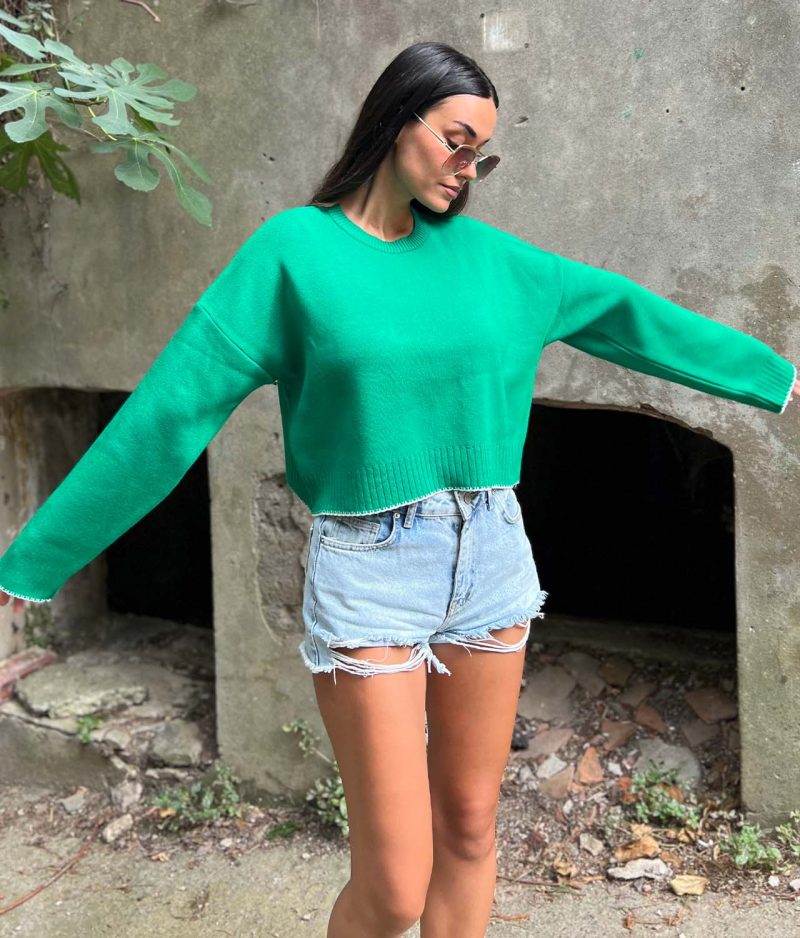 6515-Long Sleeve Crewneck Striped Detail Knit Sweater - Görsel 2