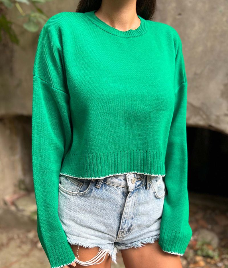 6515-Long Sleeve Crewneck Striped Detail Knit Sweater - Görsel 3