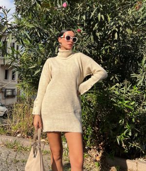 1055-Turtleneck Button Detail Sweater Dress
