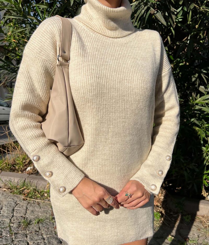 1055-Turtleneck Button Detail Sweater Dress - Görsel 6