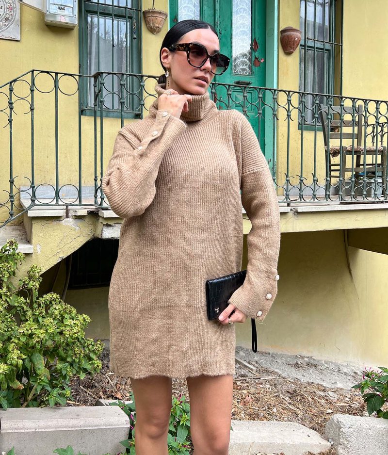 1055-Turtleneck Button Detail Sweater Dress - Görsel 2