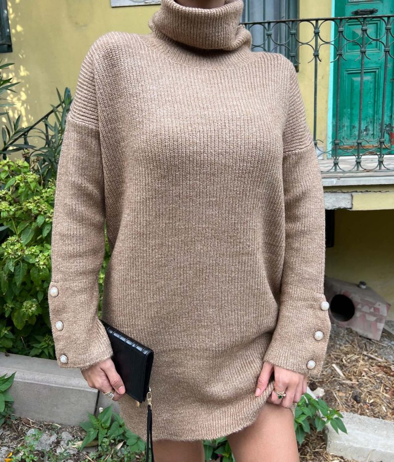 1055-Turtleneck Button Detail Sweater Dress - Görsel 5