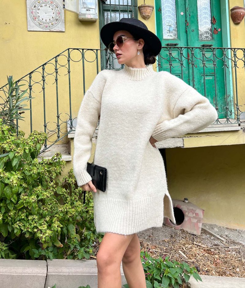 2402-Mockneck Drop Shoulder Fuzzy Split Hem Dress - Görsel 2