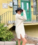 2402-Mockneck Drop Shoulder Fuzzy Split Hem Dress