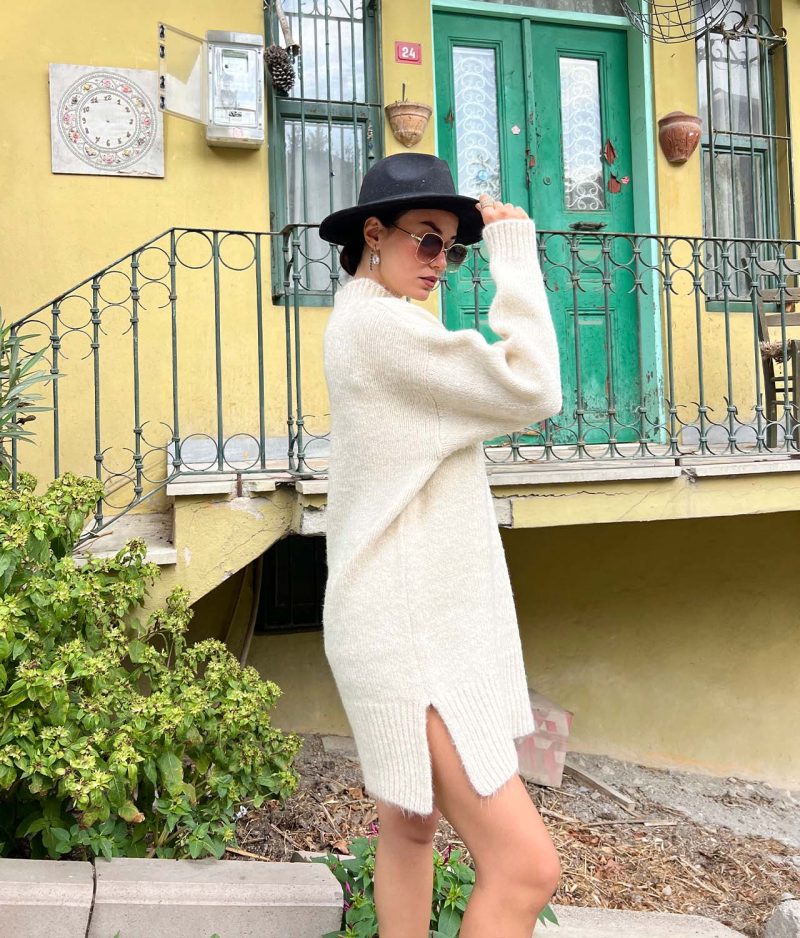 2402-Mockneck Drop Shoulder Fuzzy Split Hem Dress