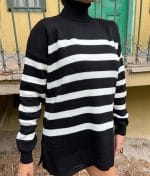 3125-Striped Pattern Turtleneck Drop Shoulder Knit Sweater-Black-4