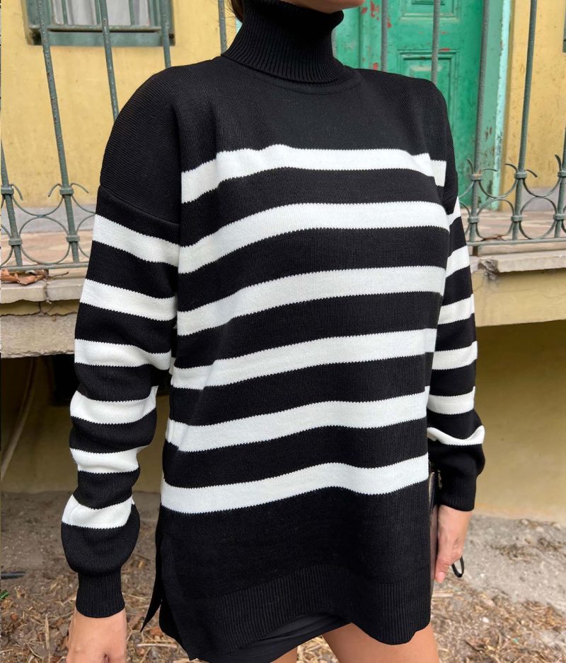 3125-Striped Pattern Turtleneck Drop Shoulder Knit Sweater - Görsel 4