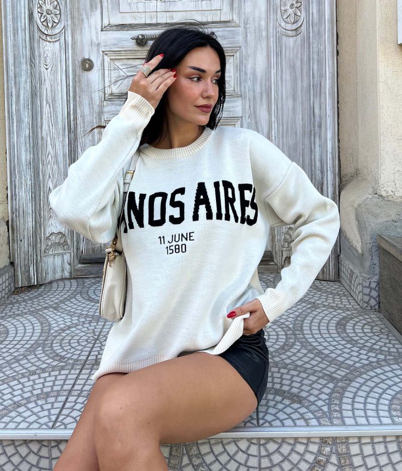 3176-Buenos Aires Text Detailed Crewneck Knit Sweater - Görsel 2