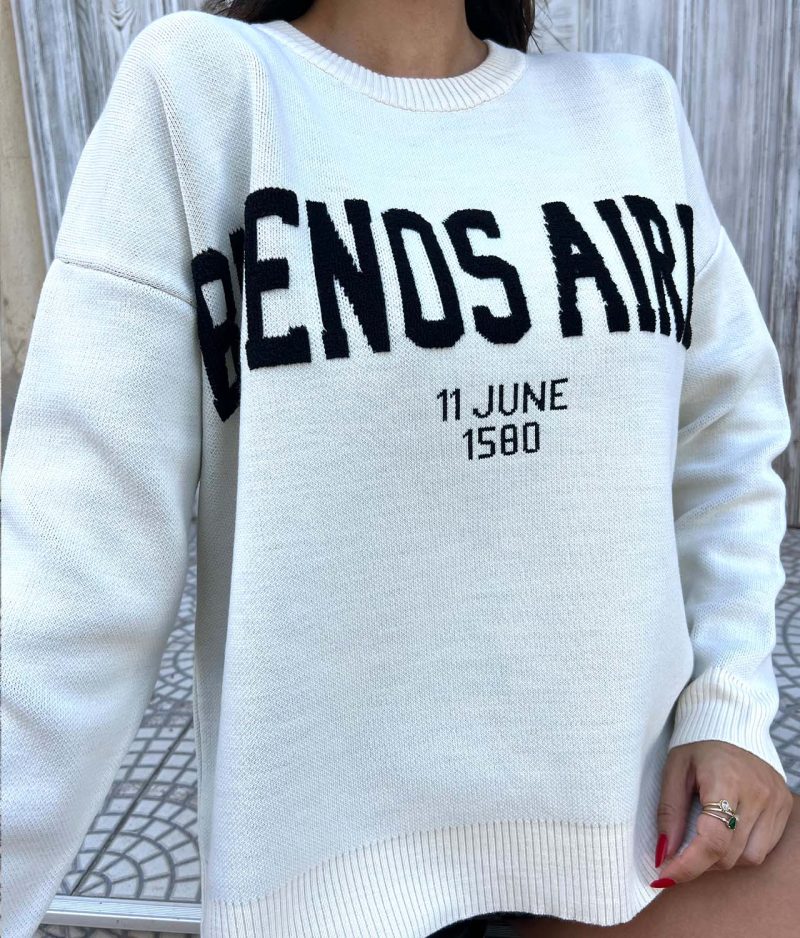 3176-Buenos Aires Text Detailed Crewneck Knit Sweater - Görsel 4