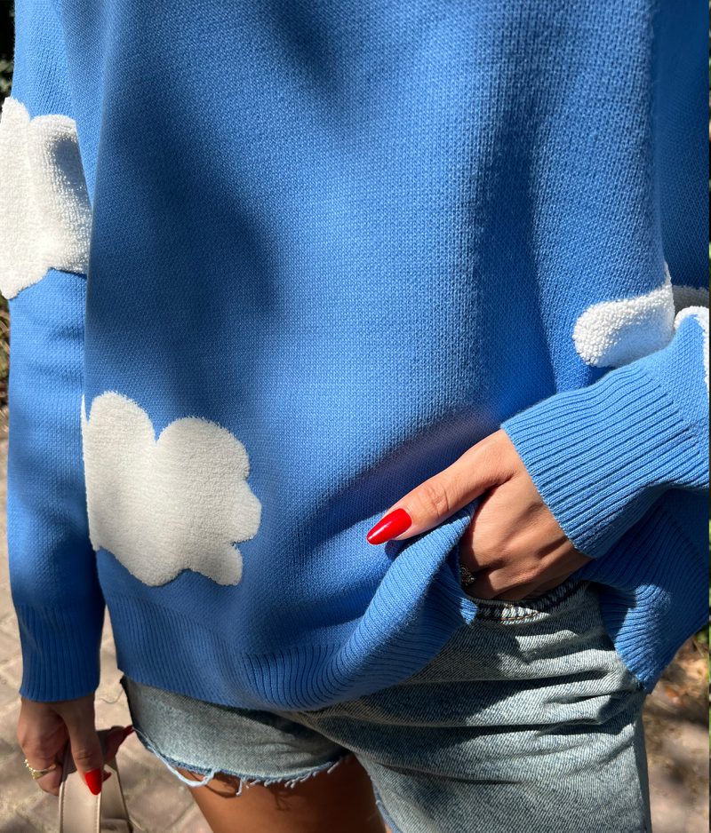 3177-Cloud Detailed Crewneck Knit Sweater - Görsel 4