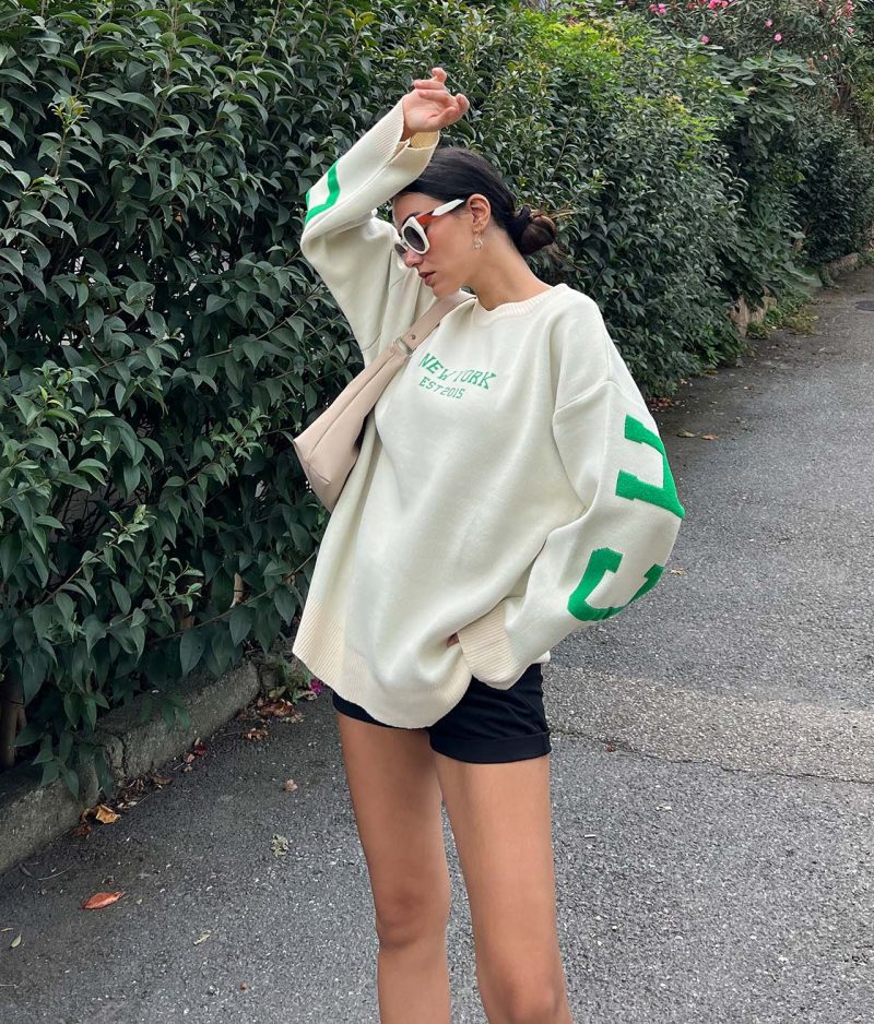 3180-Chicago Letter Graphic Drop Shoulder Knit Sweater - Görsel 2