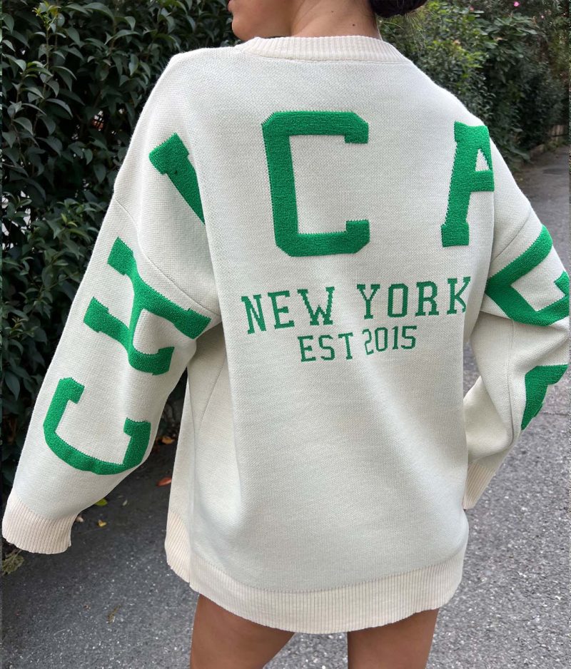 3180-Chicago Letter Graphic Drop Shoulder Knit Sweater - Görsel 3