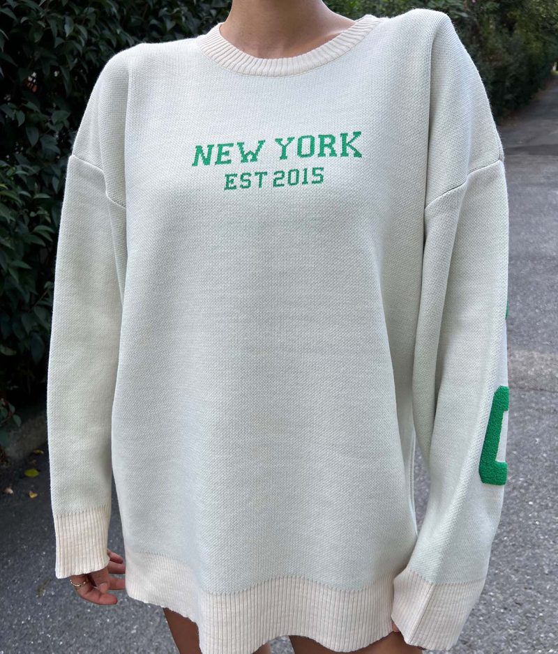 3180-Chicago Letter Graphic Drop Shoulder Knit Sweater - Görsel 4