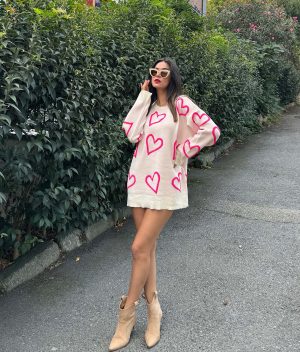 3181-Heart Pattern Crewneck Drop Shoulder Sweater