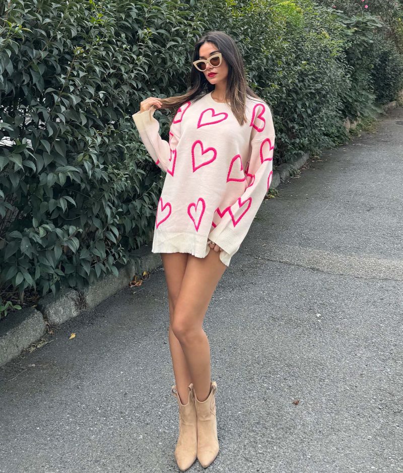3181-Heart Pattern Crewneck Drop Shoulder Sweater - Görsel 2