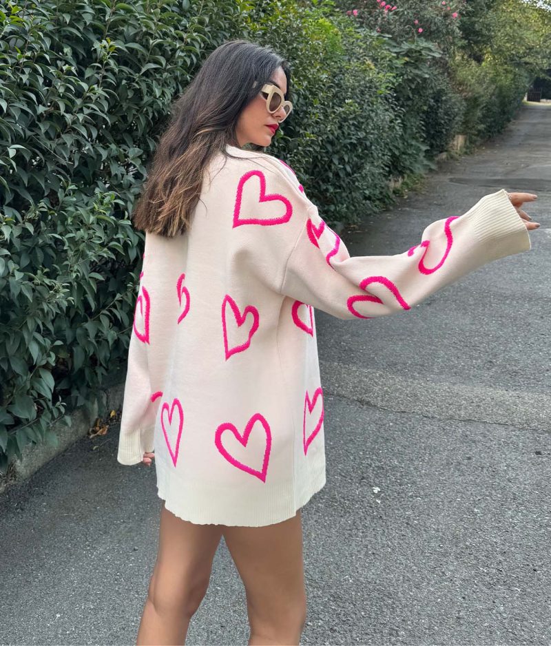 3181-Heart Pattern Crewneck Drop Shoulder Sweater - Görsel 3