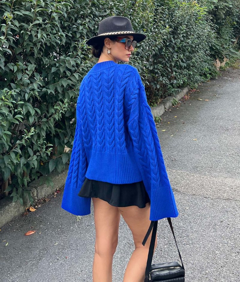4626-Cable Knit Drop Shoulder Split Hem Sweater - Görsel 2