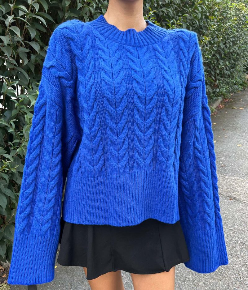 4626-Cable Knit Drop Shoulder Split Hem Sweater - Görsel 4