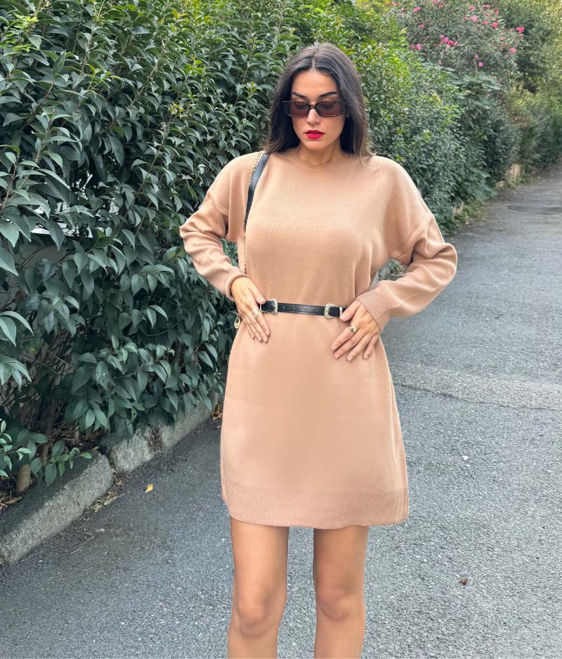 5850-Crewneck Oversize Knit Tunic with Belt - Görsel 4