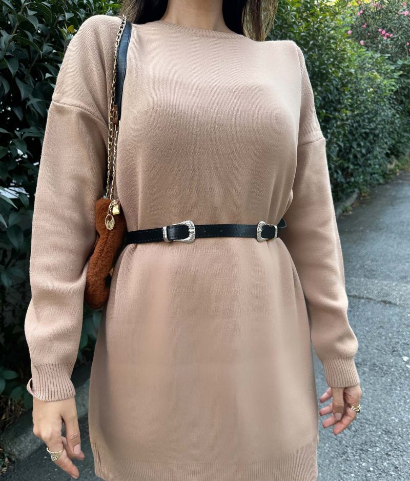 5850-Crewneck Oversize Knit Tunic with Belt - Görsel 6
